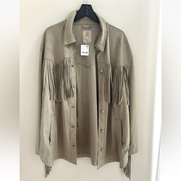 Free People We The Free Fringe Out Vegan Suede Smoked Green Jacket Size Large - Picture 7 of 13